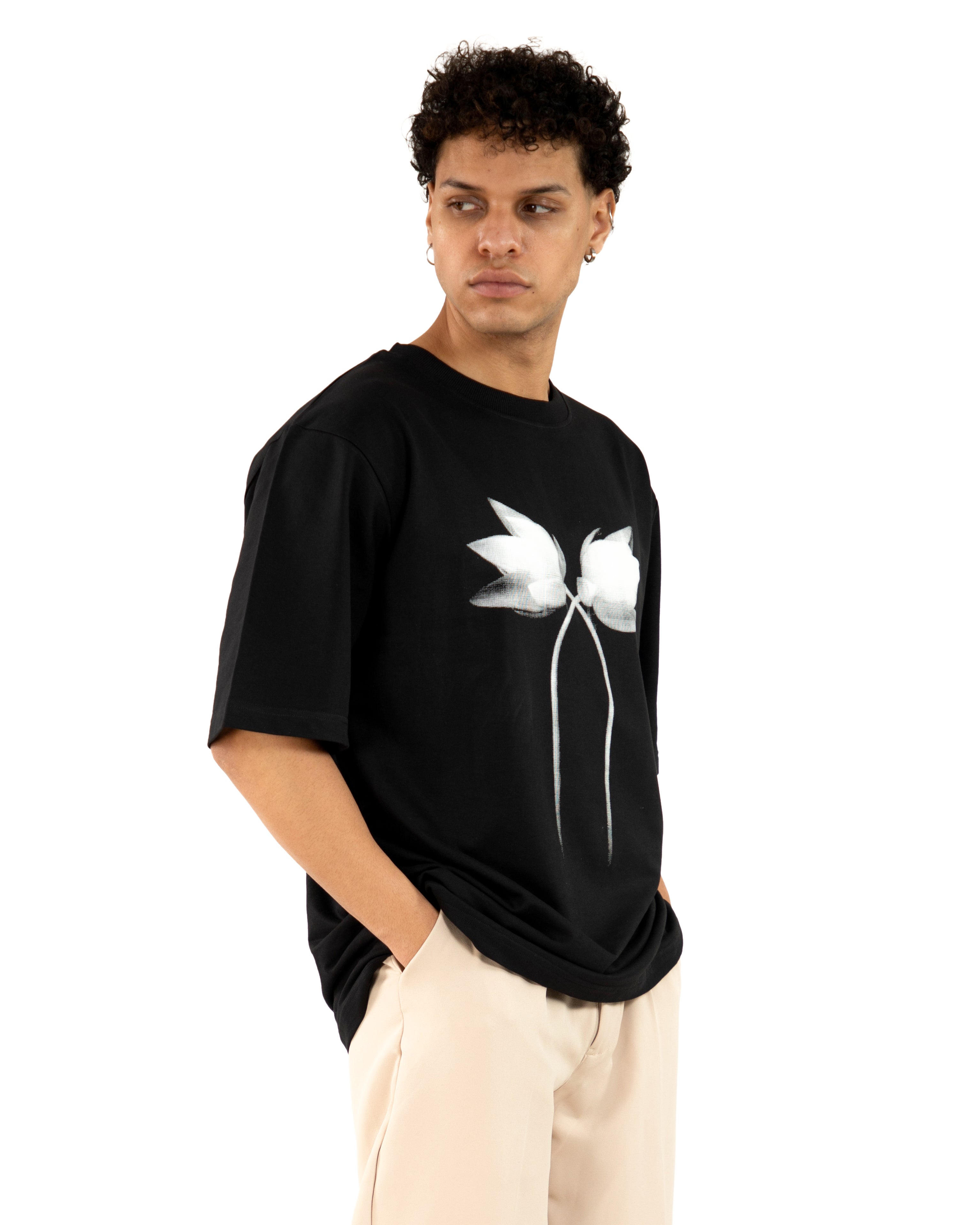 "Men Lotus Printed Black Oversized T Shirt right side "